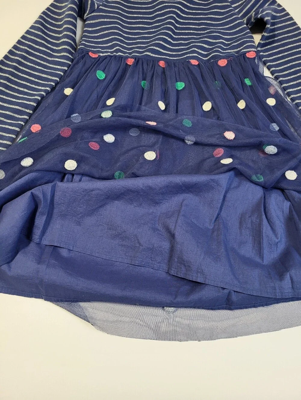 Mini Boden Jersey Tulle Long Sleeve Dress Polka Dots Navy Blue Stripes sz 9-10
